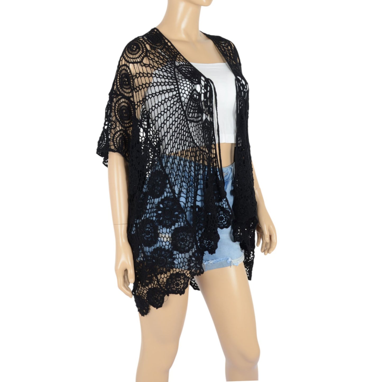 Anna-Kaci Women's Open Front Crochet Cover-Up with Floral Pattern and Short Sleeves