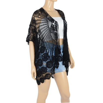 Anna-Kaci Women's Open Front Crochet Cover-Up with Floral Pattern and Short Sleeves