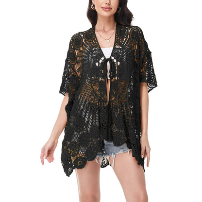 Anna-Kaci Women's Open Front Crochet Cover-Up with Floral Pattern and Short Sleeves