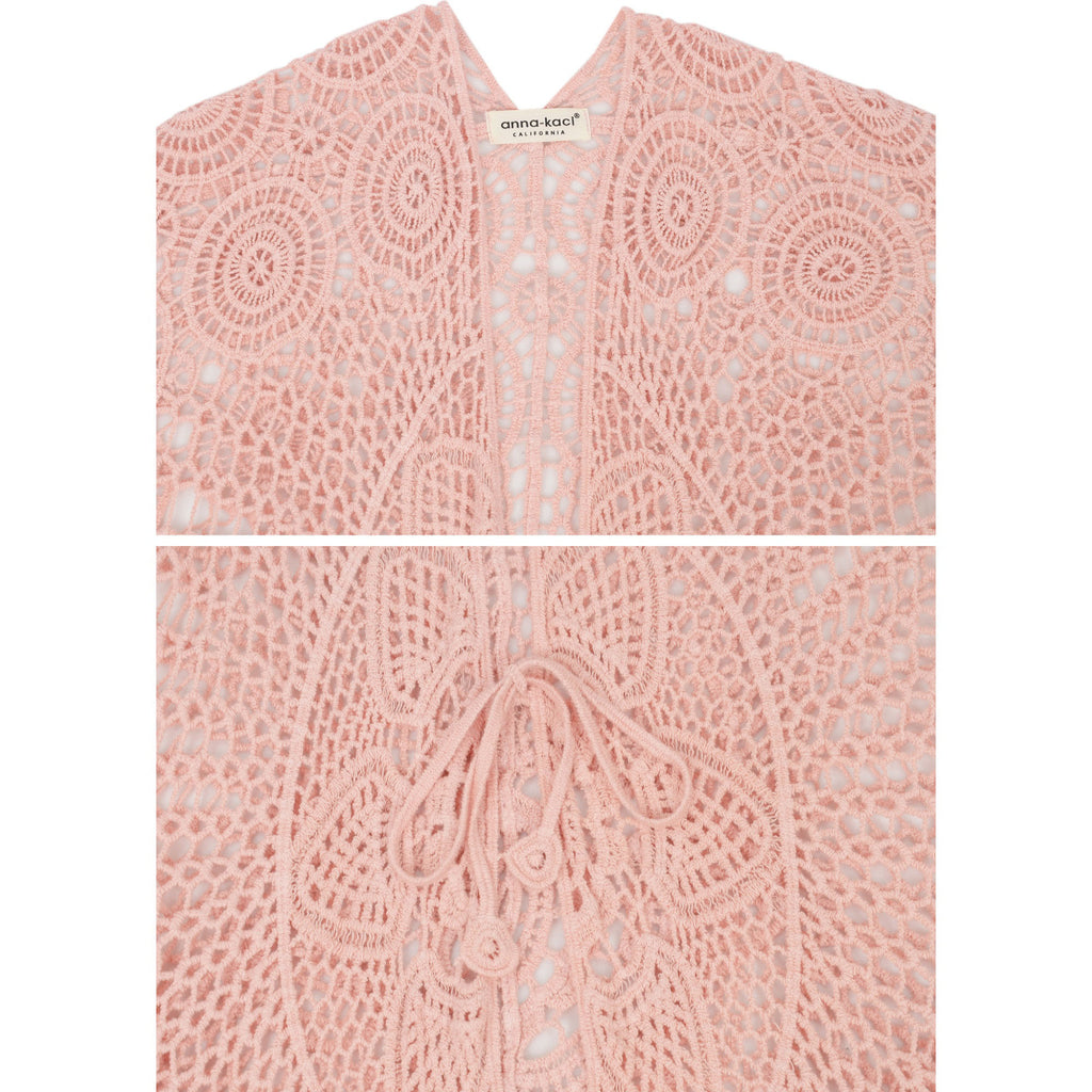 Anna-Kaci Women's Open Front Crochet Cover-Up with Floral Pattern and Short Sleeves