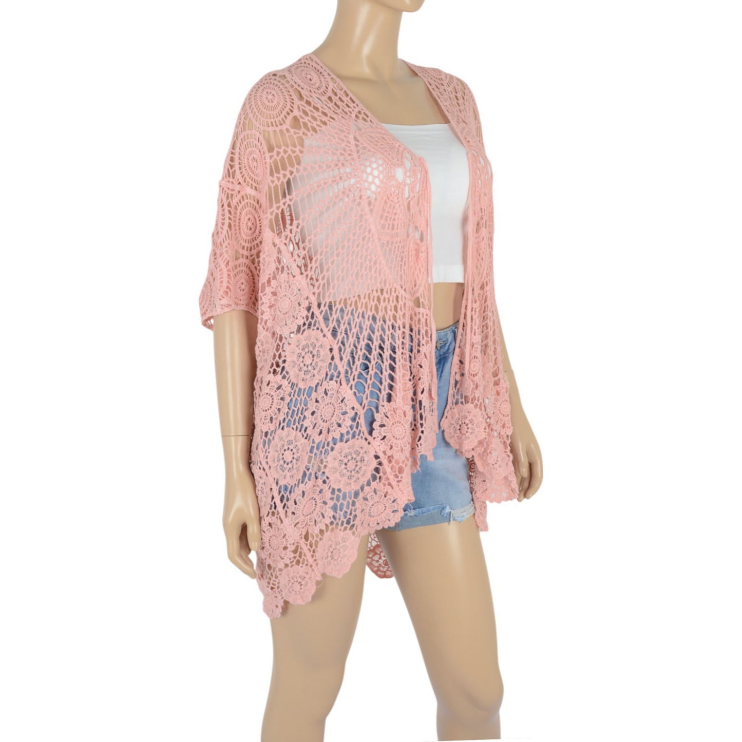 Anna-Kaci Women's Open Front Crochet Cover-Up with Floral Pattern and Short Sleeves