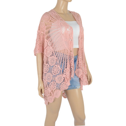 Anna-Kaci Women's Open Front Crochet Cover-Up with Floral Pattern and Short Sleeves