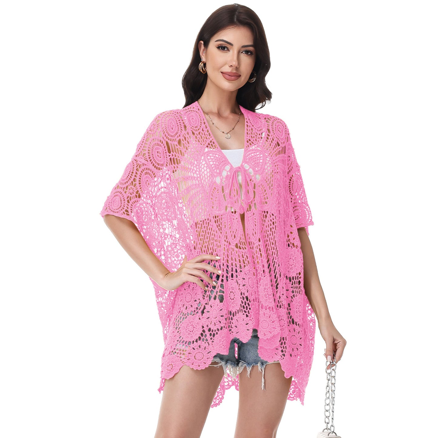 Anna-Kaci Women's Open Front Crochet Cover-Up with Floral Pattern and Short Sleeves