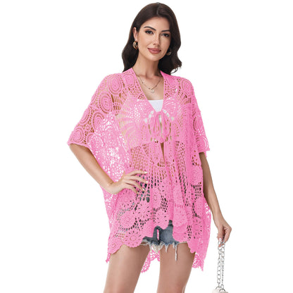 Anna-Kaci Women's Open Front Crochet Cover-Up with Floral Pattern and Short Sleeves