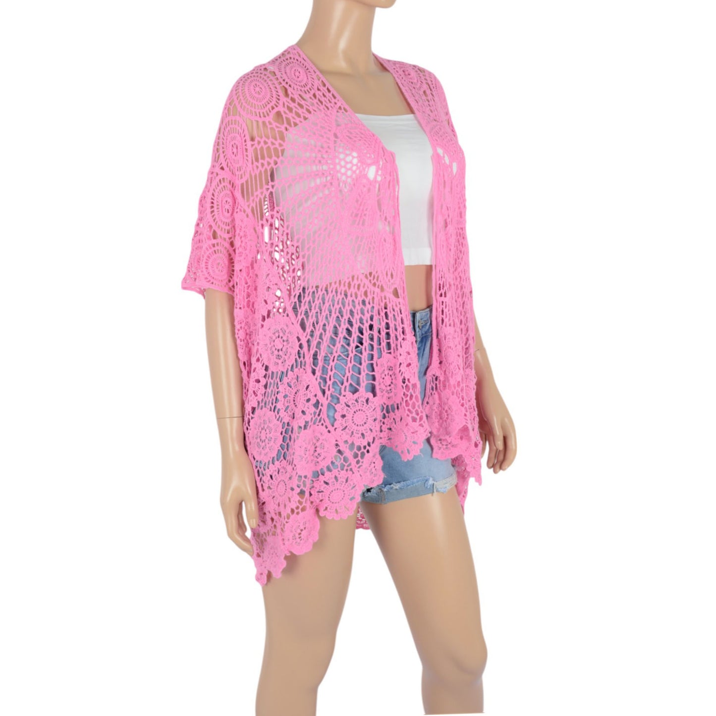 Anna-Kaci Women's Open Front Crochet Cover-Up with Floral Pattern and Short Sleeves