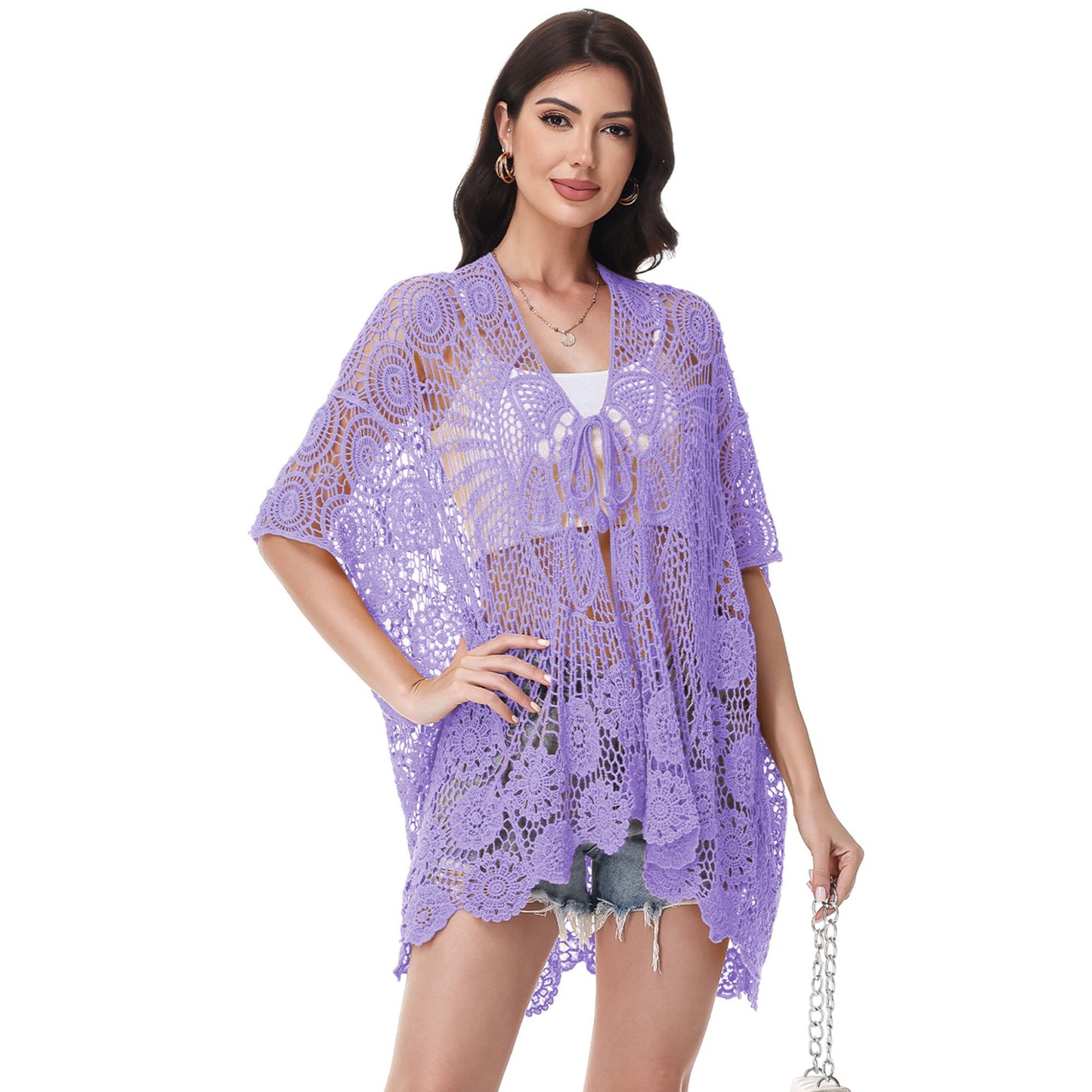 Anna-Kaci Women's Open Front Crochet Cover-Up with Floral Pattern and Short Sleeves
