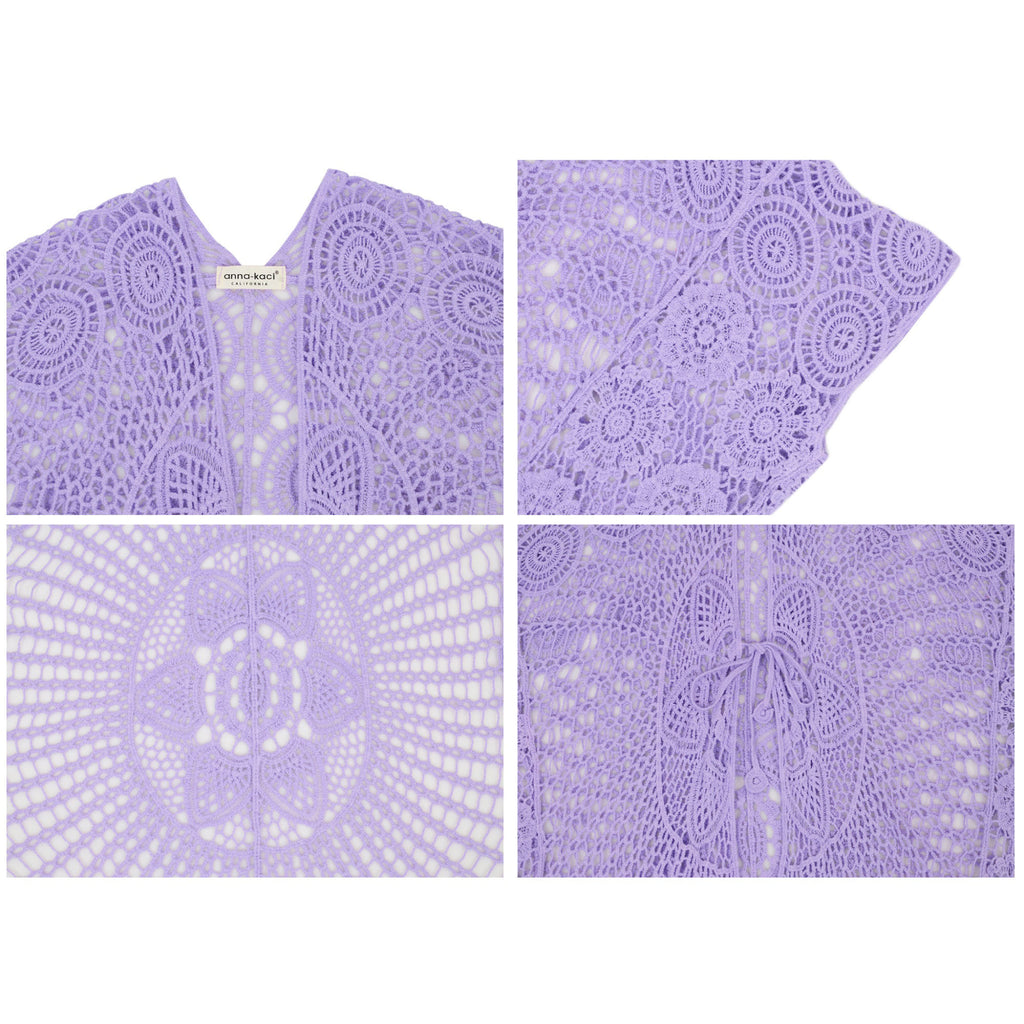 Anna-Kaci Women's Open Front Crochet Cover-Up with Floral Pattern and Short Sleeves