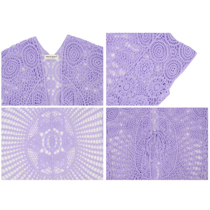 Anna-Kaci Women's Open Front Crochet Cover-Up with Floral Pattern and Short Sleeves