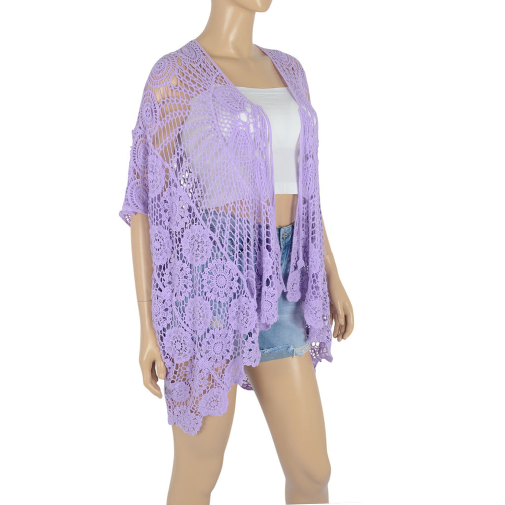 Anna-Kaci Women's Open Front Crochet Cover-Up with Floral Pattern and Short Sleeves