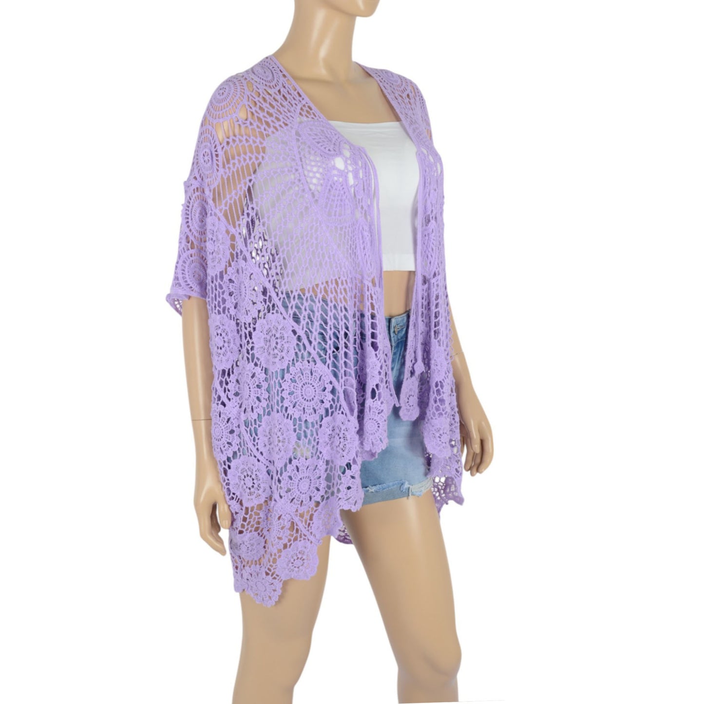 Anna-Kaci Women's Open Front Crochet Cover-Up with Floral Pattern and Short Sleeves