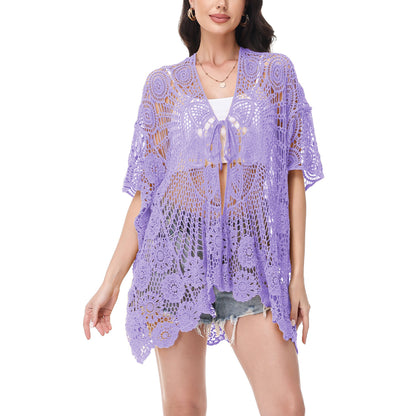 Anna-Kaci Women's Open Front Crochet Cover-Up with Floral Pattern and Short Sleeves