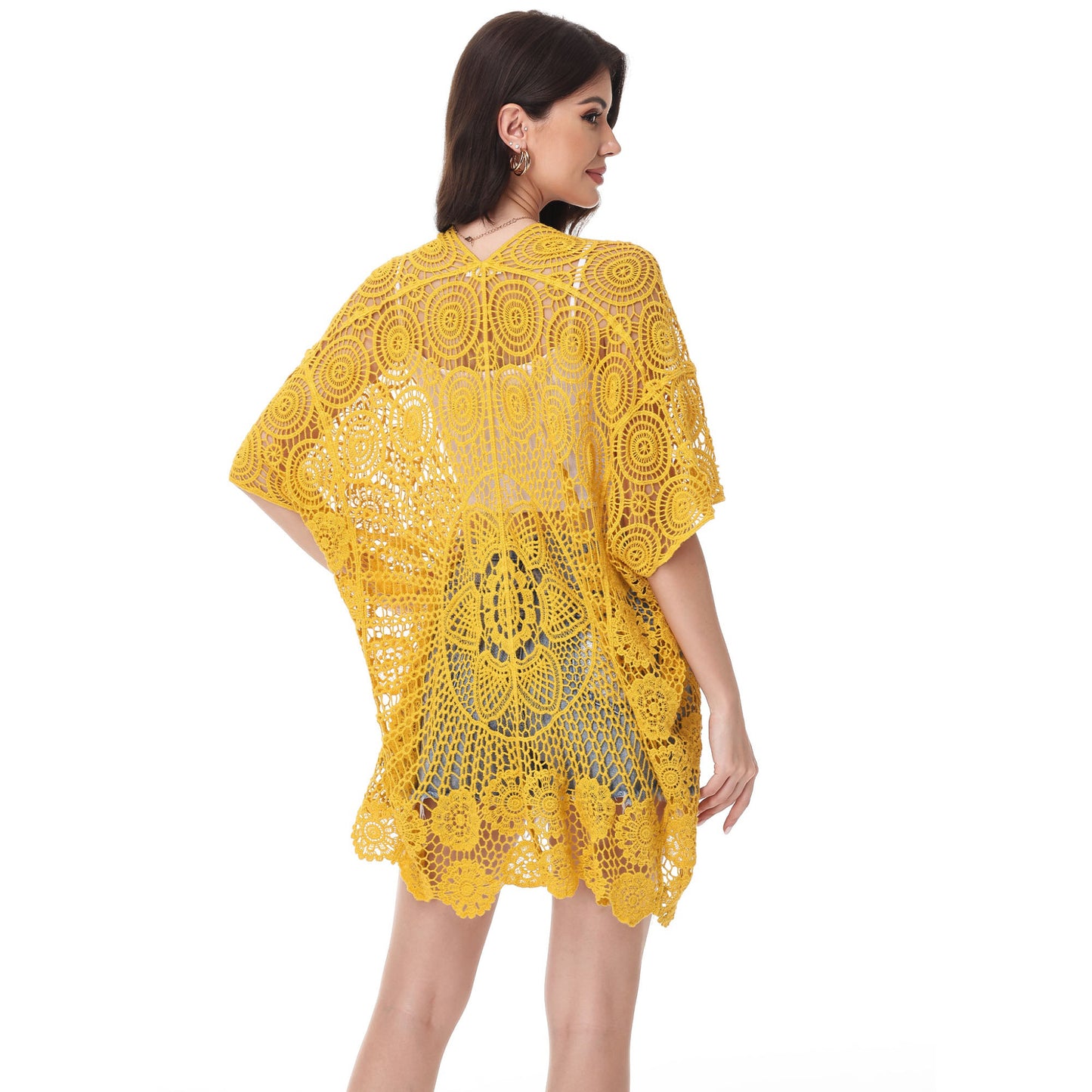Anna-Kaci Women's Open Front Crochet Cover-Up with Floral Pattern and Short Sleeves