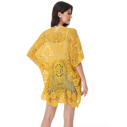Anna-Kaci Women's Open Front Crochet Cover-Up with Floral Pattern and Short Sleeves