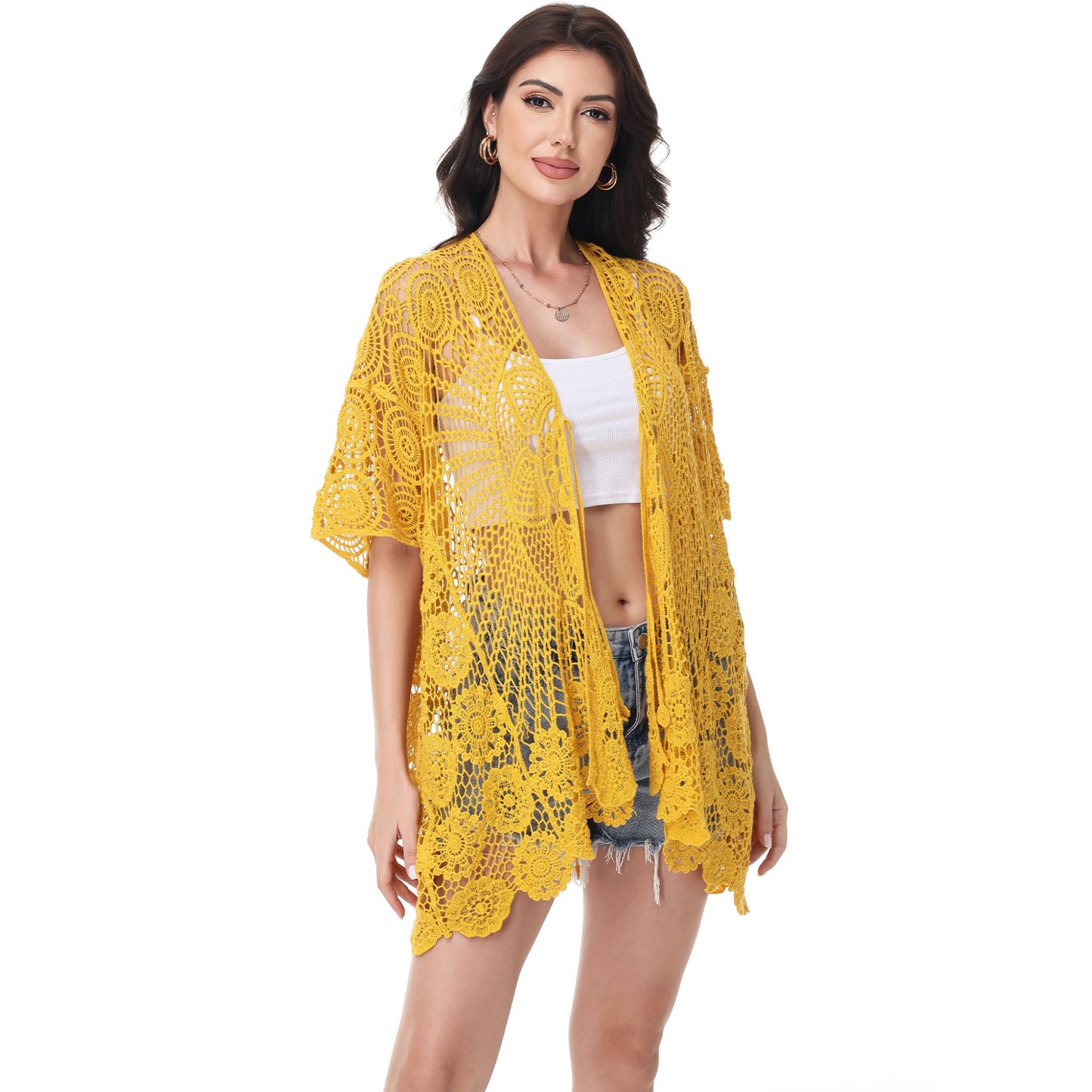 Anna-Kaci Women's Open Front Crochet Cover-Up with Floral Pattern and Short Sleeves