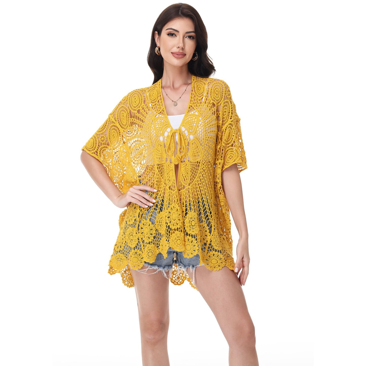 Anna-Kaci Women's Open Front Crochet Cover-Up with Floral Pattern and Short Sleeves