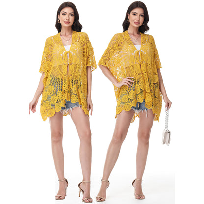 Anna-Kaci Women's Open Front Crochet Cover-Up with Floral Pattern and Short Sleeves
