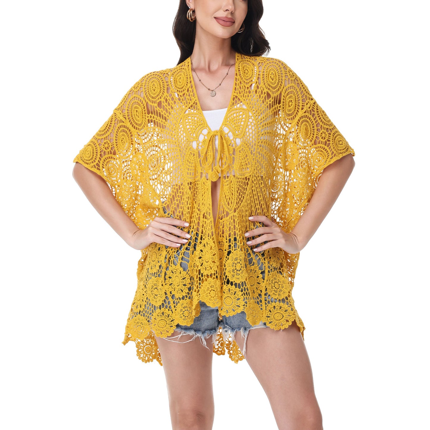Anna-Kaci Women's Open Front Crochet Cover-Up with Floral Pattern and Short Sleeves