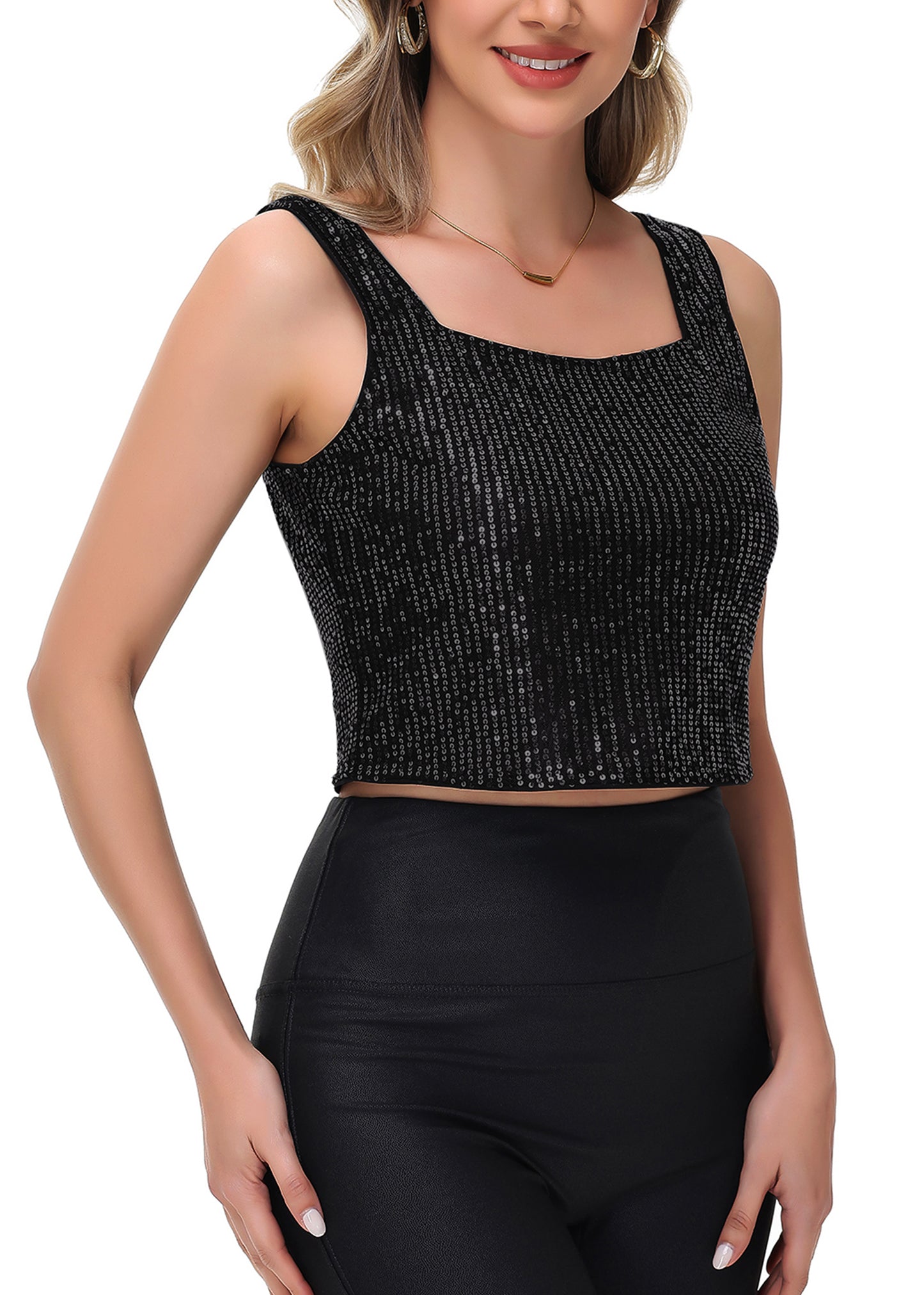 Anna-Kaci Women's Sequin Cropped Tank Top with Wide Straps Square Neckline for Festivals, Parties, Night Out