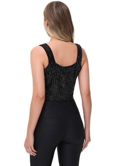 Anna-Kaci Women's Sequin Cropped Tank Top with Wide Straps Square Neckline for Festivals, Parties, Night Out
