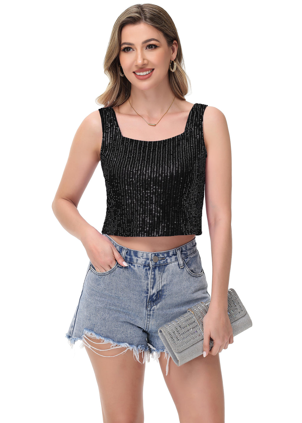 Anna-Kaci Women's Sequin Cropped Tank Top with Wide Straps Square Neckline for Festivals, Parties, Night Out
