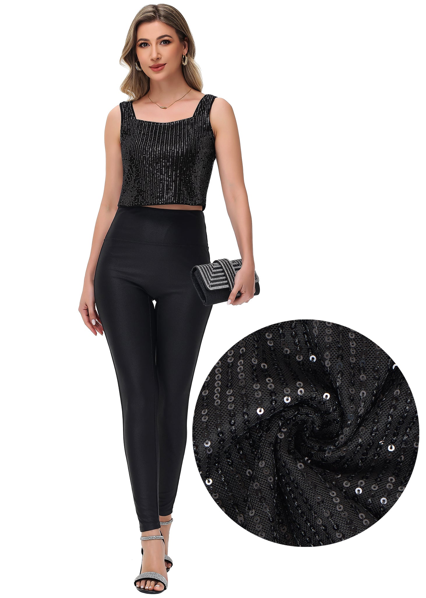 Anna-Kaci Women's Sequin Cropped Tank Top with Wide Straps Square Neckline for Festivals, Parties, Night Out