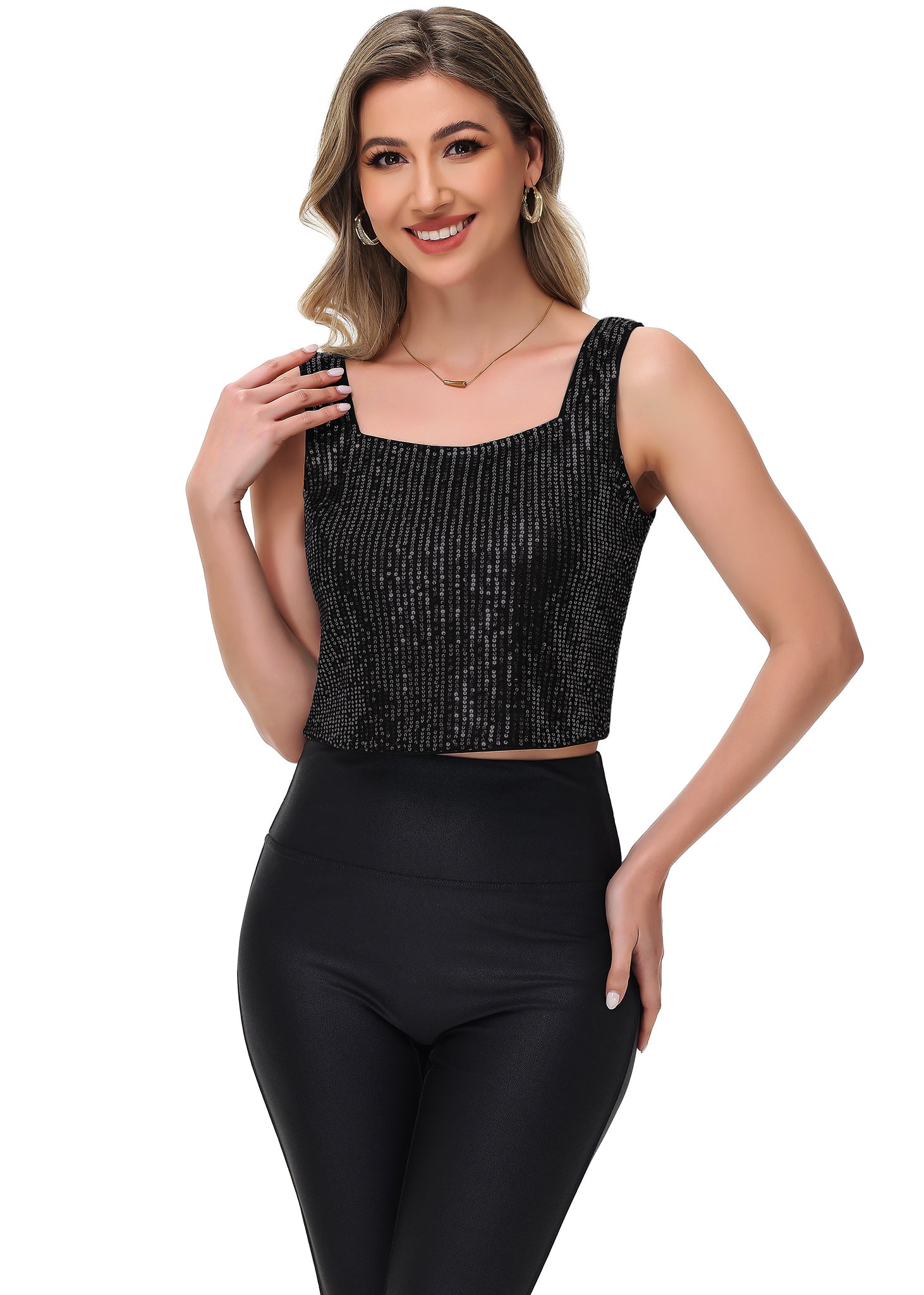 Anna-Kaci Women's Sequin Cropped Tank Top with Wide Straps Square Neckline for Festivals, Parties, Night Out