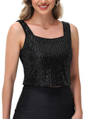 Anna-Kaci Women's Sequin Cropped Tank Top with Wide Straps Square Neckline for Festivals, Parties, Night Out