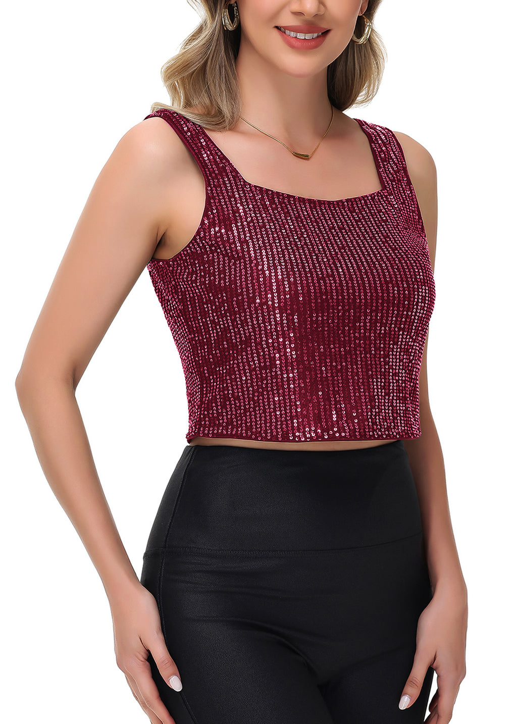 Anna-Kaci Women's Sequin Cropped Tank Top with Wide Straps Square Neckline for Festivals, Parties, Night Out