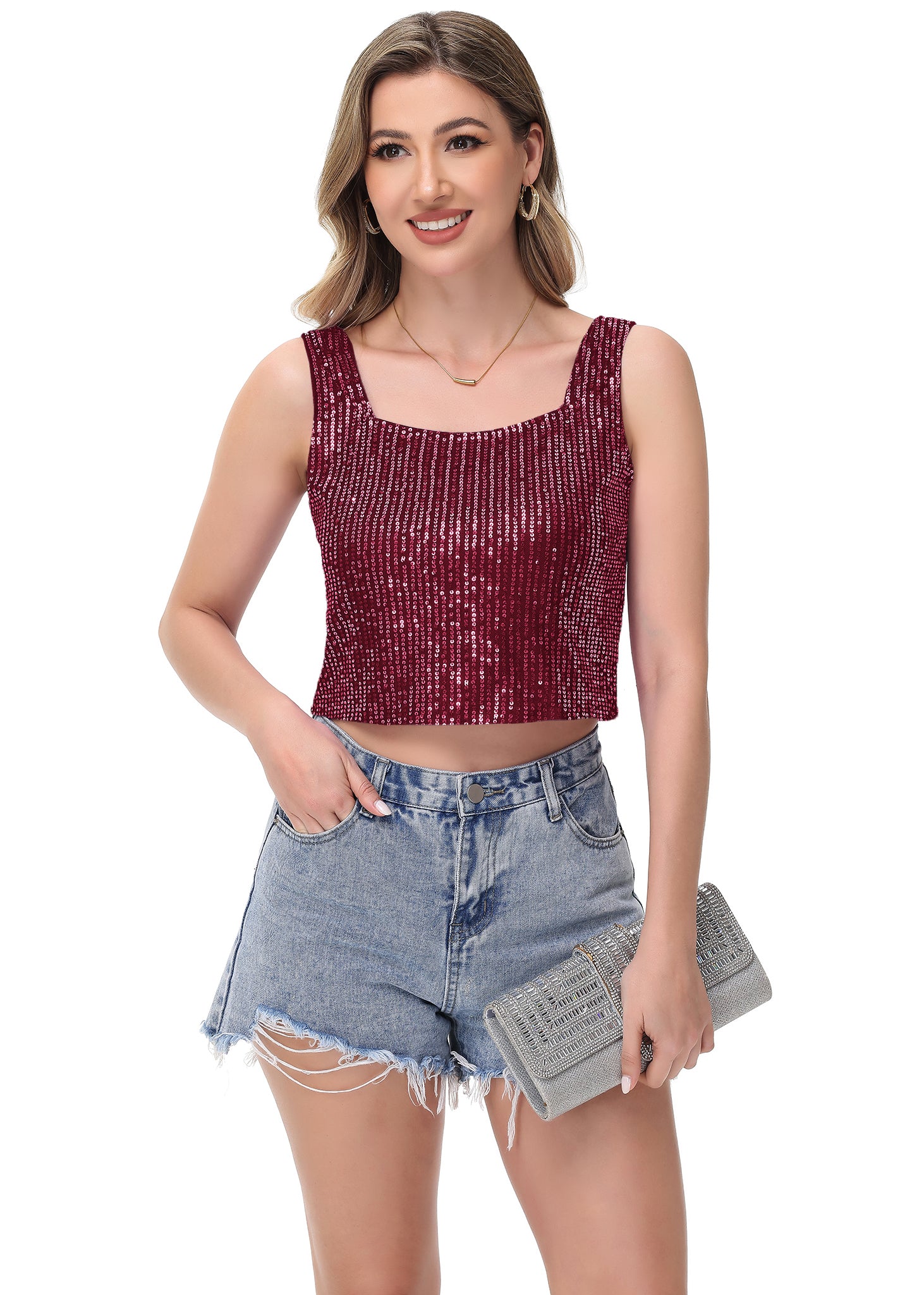 Anna-Kaci Women's Sequin Cropped Tank Top with Wide Straps Square Neckline for Festivals, Parties, Night Out