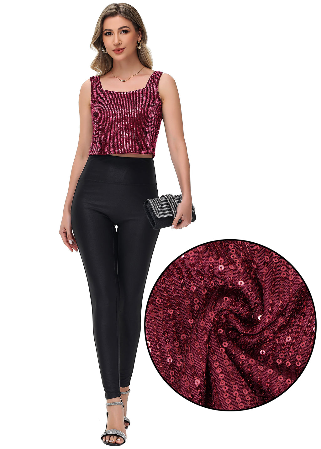 Anna-Kaci Women's Sequin Cropped Tank Top with Wide Straps Square Neckline for Festivals, Parties, Night Out