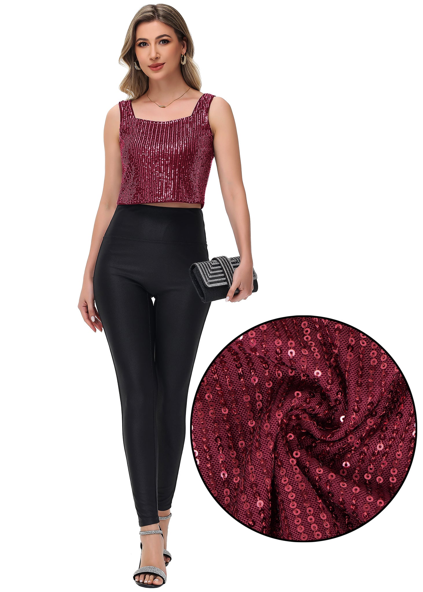 Anna-Kaci Women's Sequin Cropped Tank Top with Wide Straps Square Neckline for Festivals, Parties, Night Out