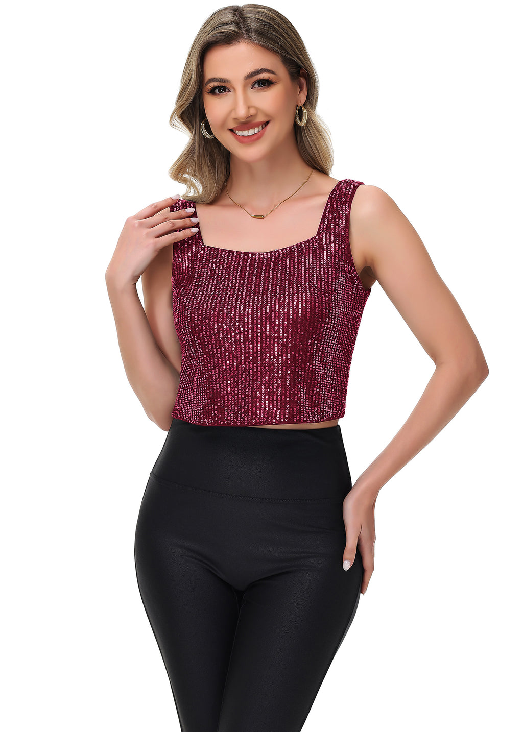 Anna-Kaci Women's Sequin Cropped Tank Top with Wide Straps Square Neckline for Festivals, Parties, Night Out