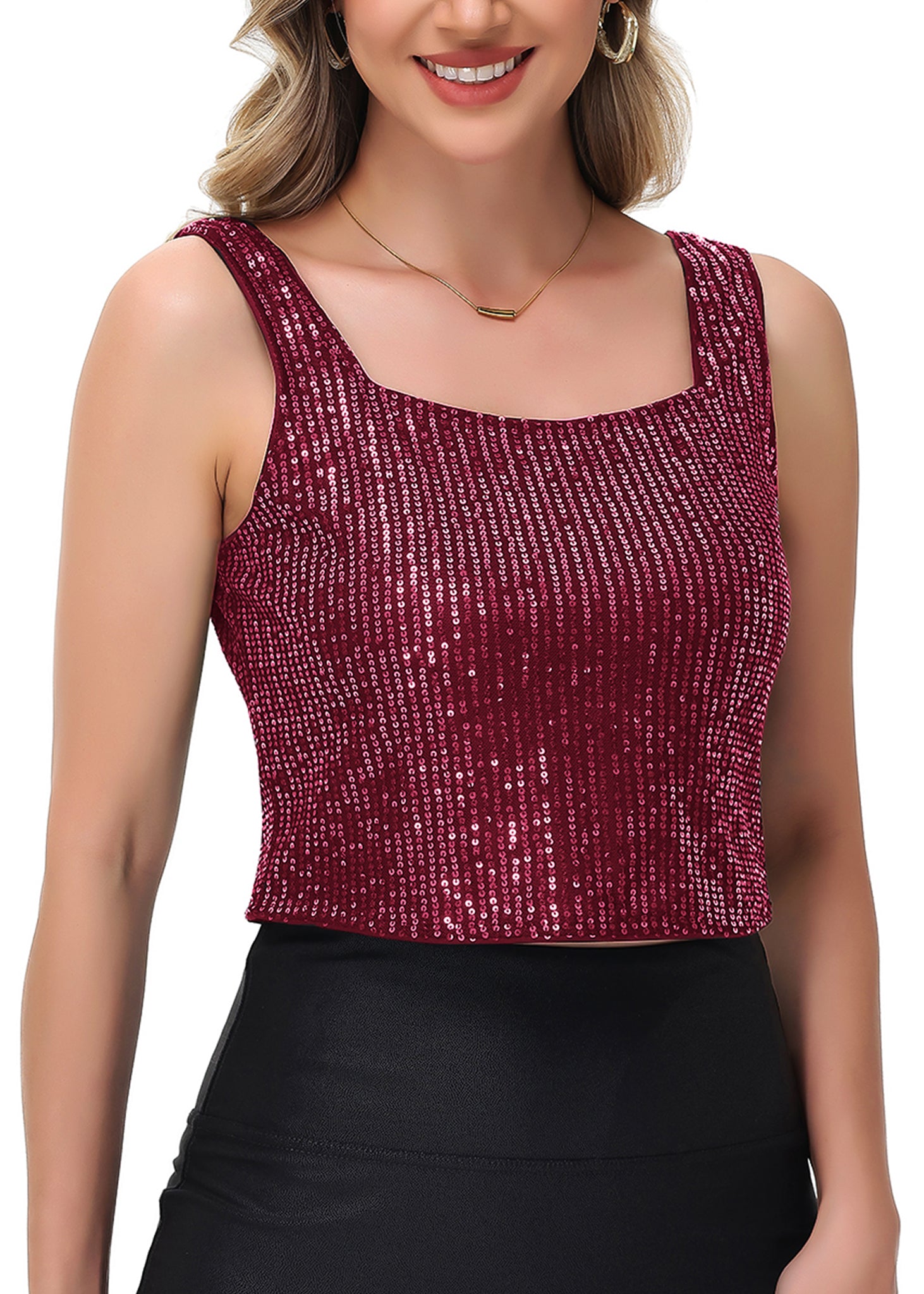 Anna-Kaci Women's Sequin Cropped Tank Top with Wide Straps Square Neckline for Festivals, Parties, Night Out