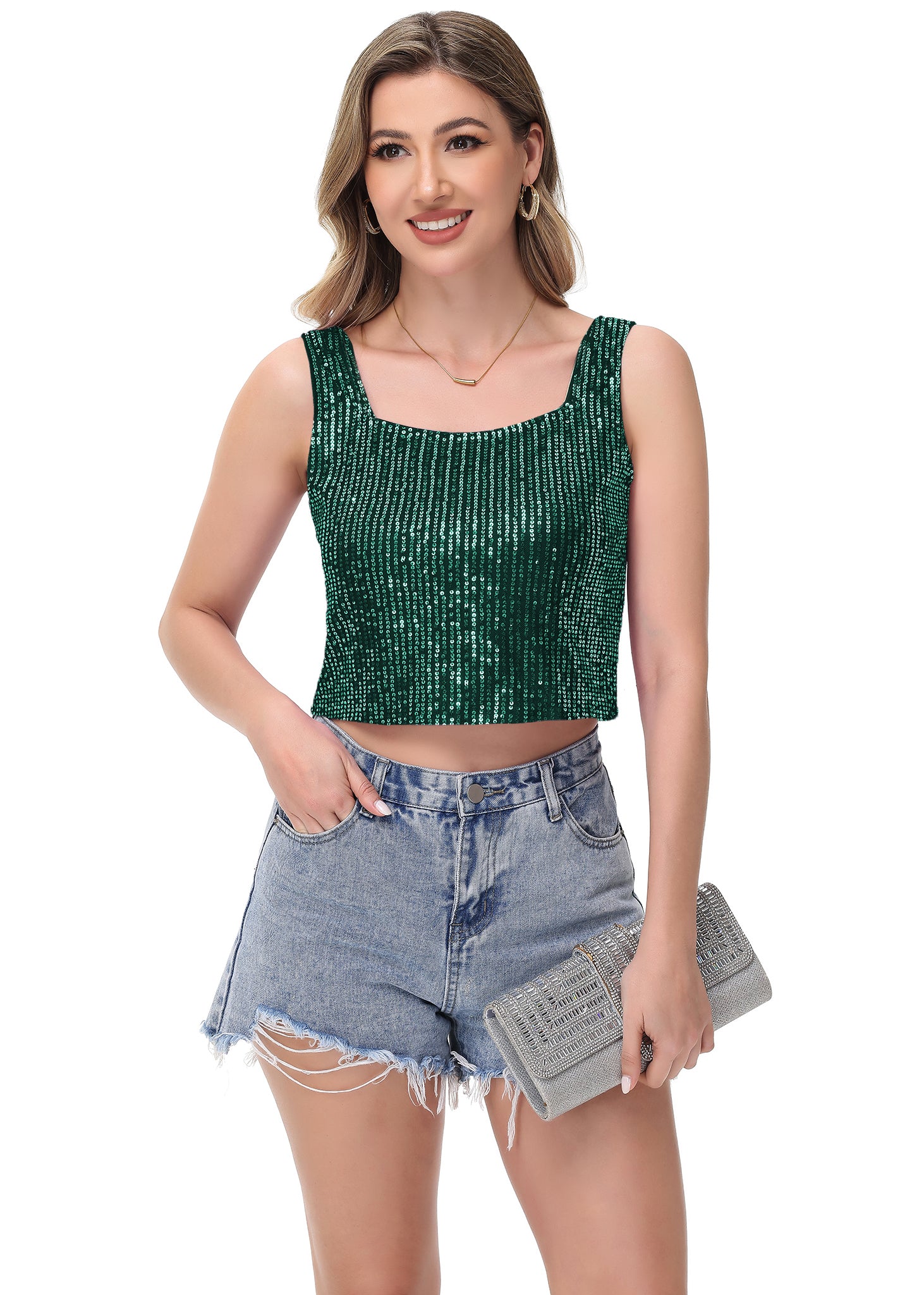 Anna-Kaci Women's Sequin Cropped Tank Top with Wide Straps Square Neckline for Festivals, Parties, Night Out