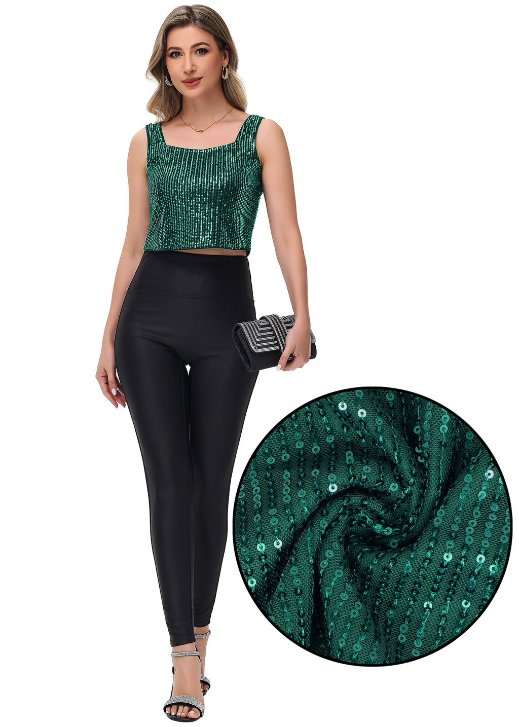 Anna-Kaci Women's Sequin Cropped Tank Top with Wide Straps Square Neckline for Festivals, Parties, Night Out