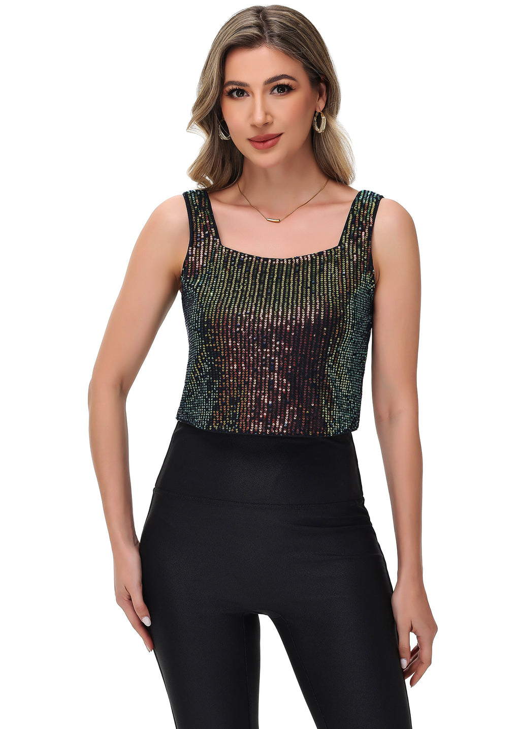 Anna-Kaci Women's Sequin Cropped Tank Top with Wide Straps Square Neckline for Festivals, Parties, Night Out