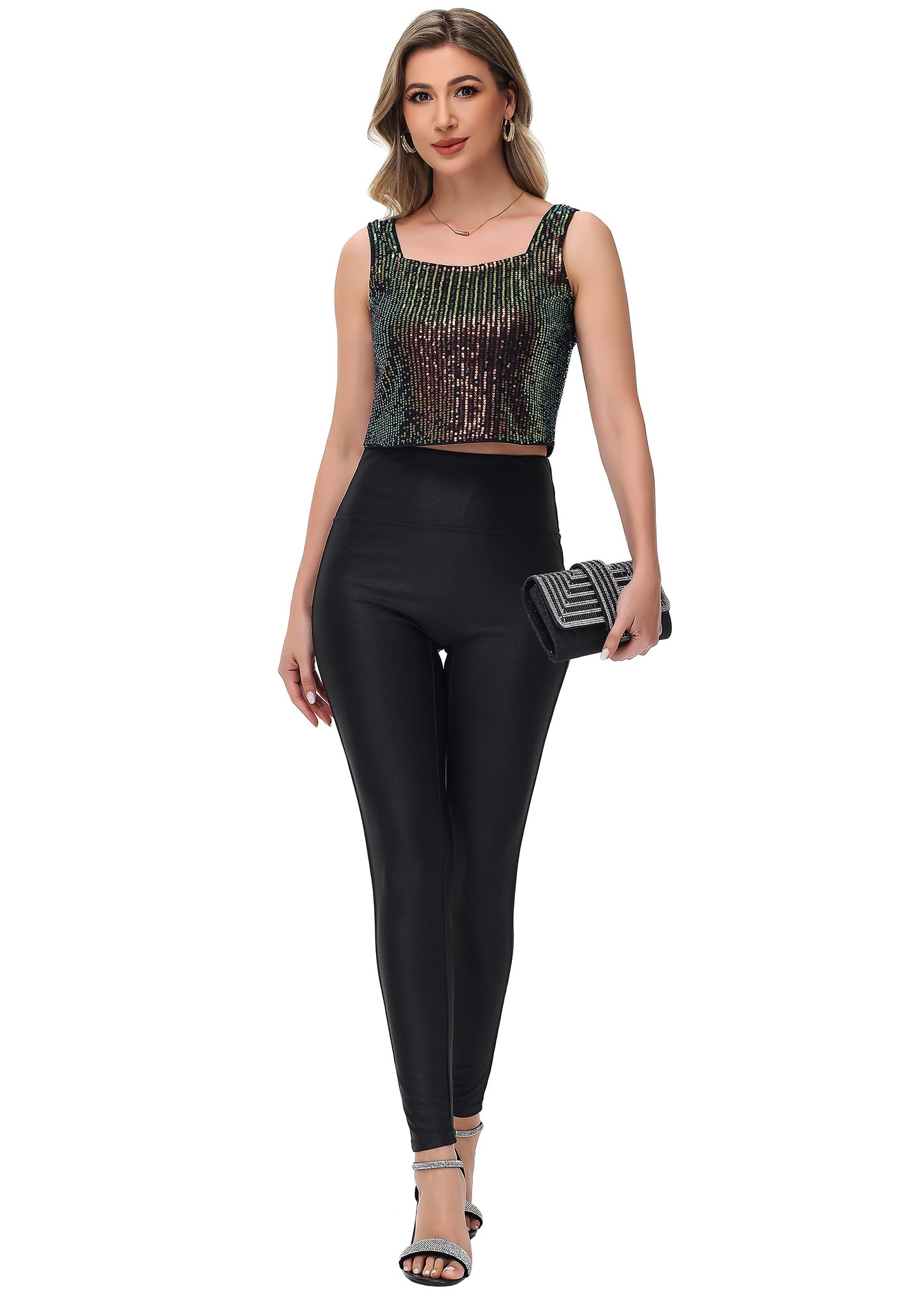 Anna-Kaci Women's Sequin Cropped Tank Top with Wide Straps Square Neckline for Festivals, Parties, Night Out