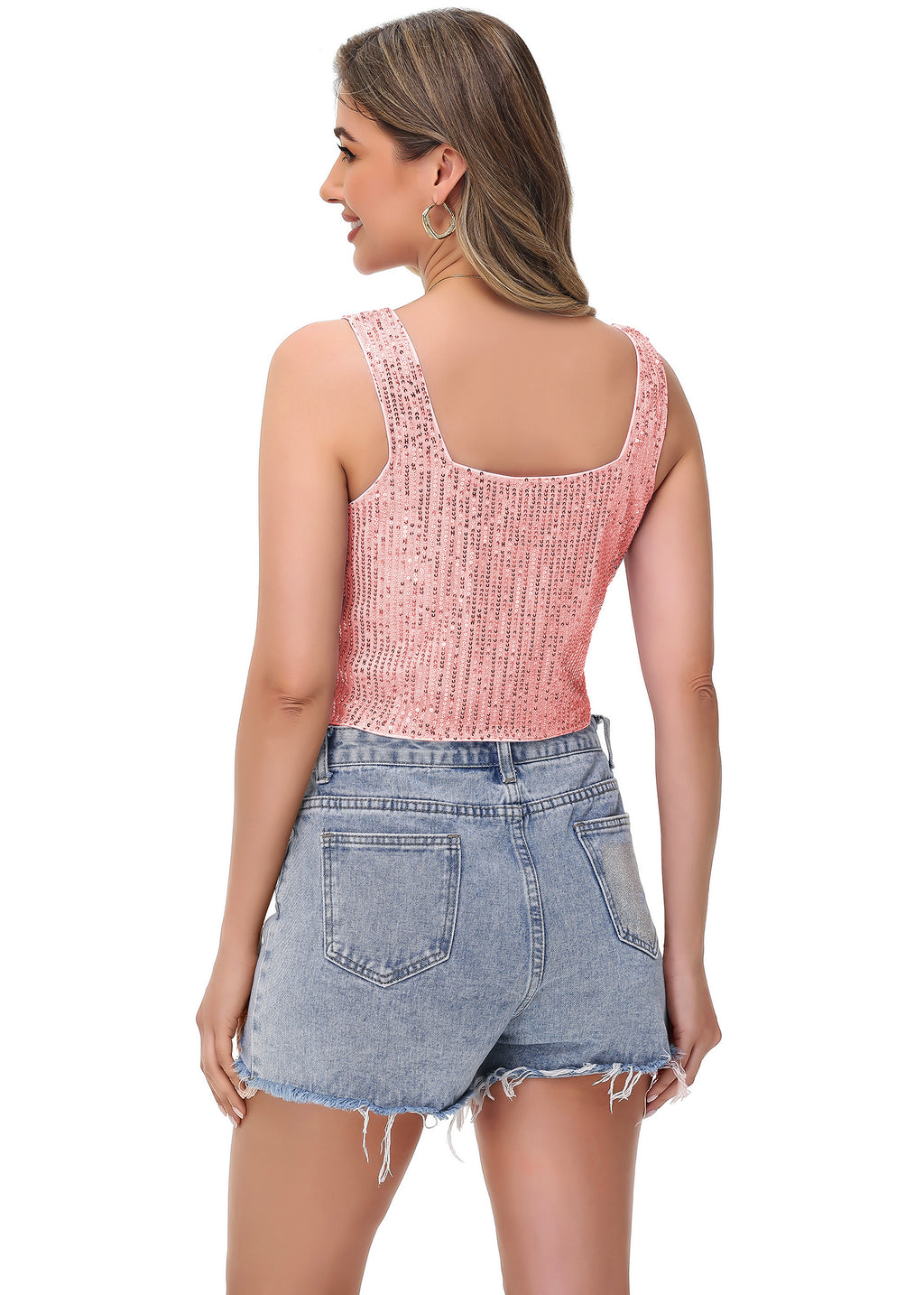 Anna-Kaci Women's Sequin Cropped Tank Top with Wide Straps Square Neckline for Festivals, Parties, Night Out