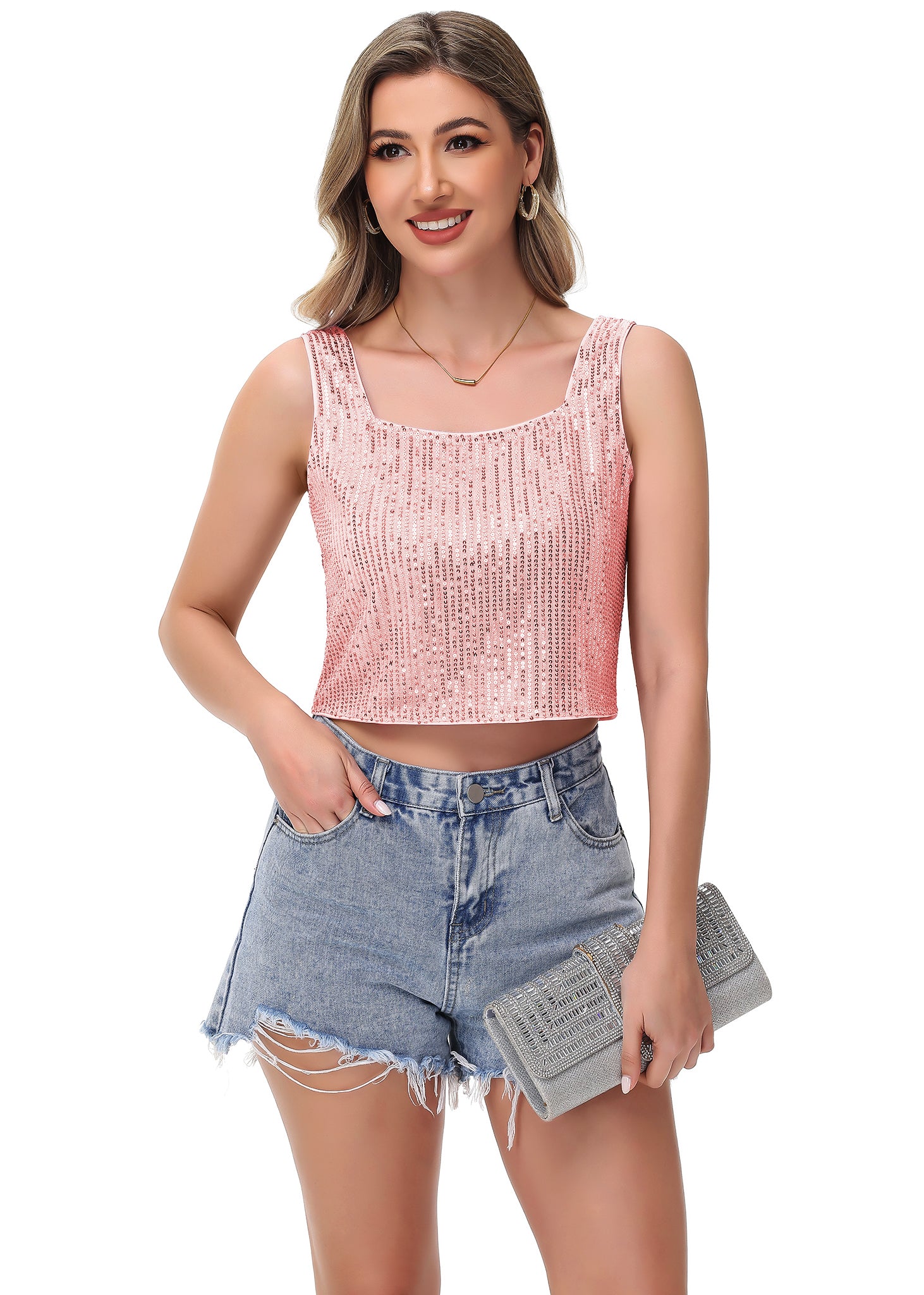 Anna-Kaci Women's Sequin Cropped Tank Top with Wide Straps Square Neckline for Festivals, Parties, Night Out