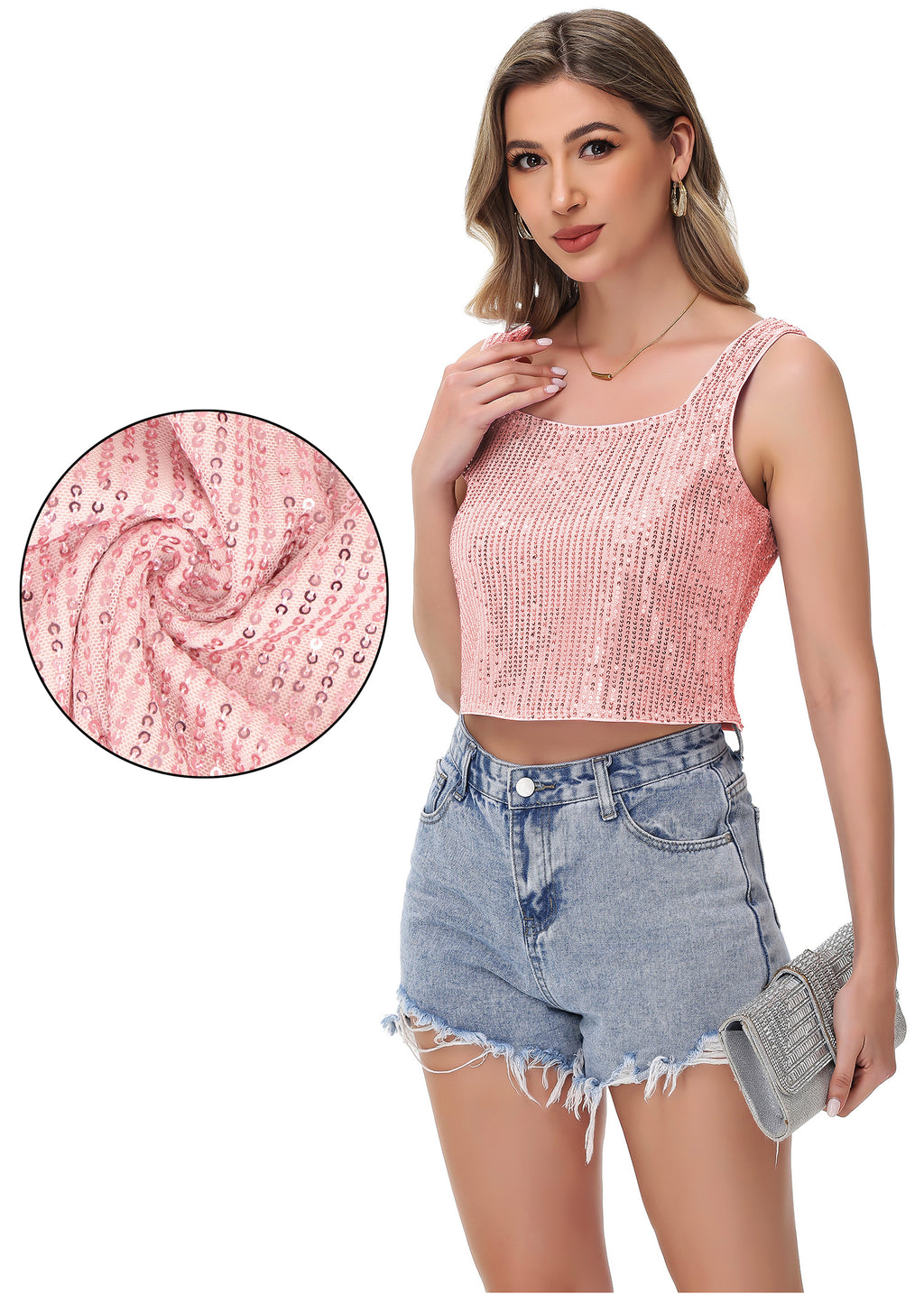 Anna-Kaci Women's Sequin Cropped Tank Top with Wide Straps Square Neckline for Festivals, Parties, Night Out