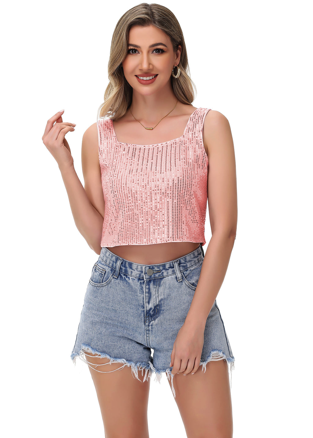 Anna-Kaci Women's Sequin Cropped Tank Top with Wide Straps Square Neckline for Festivals, Parties, Night Out