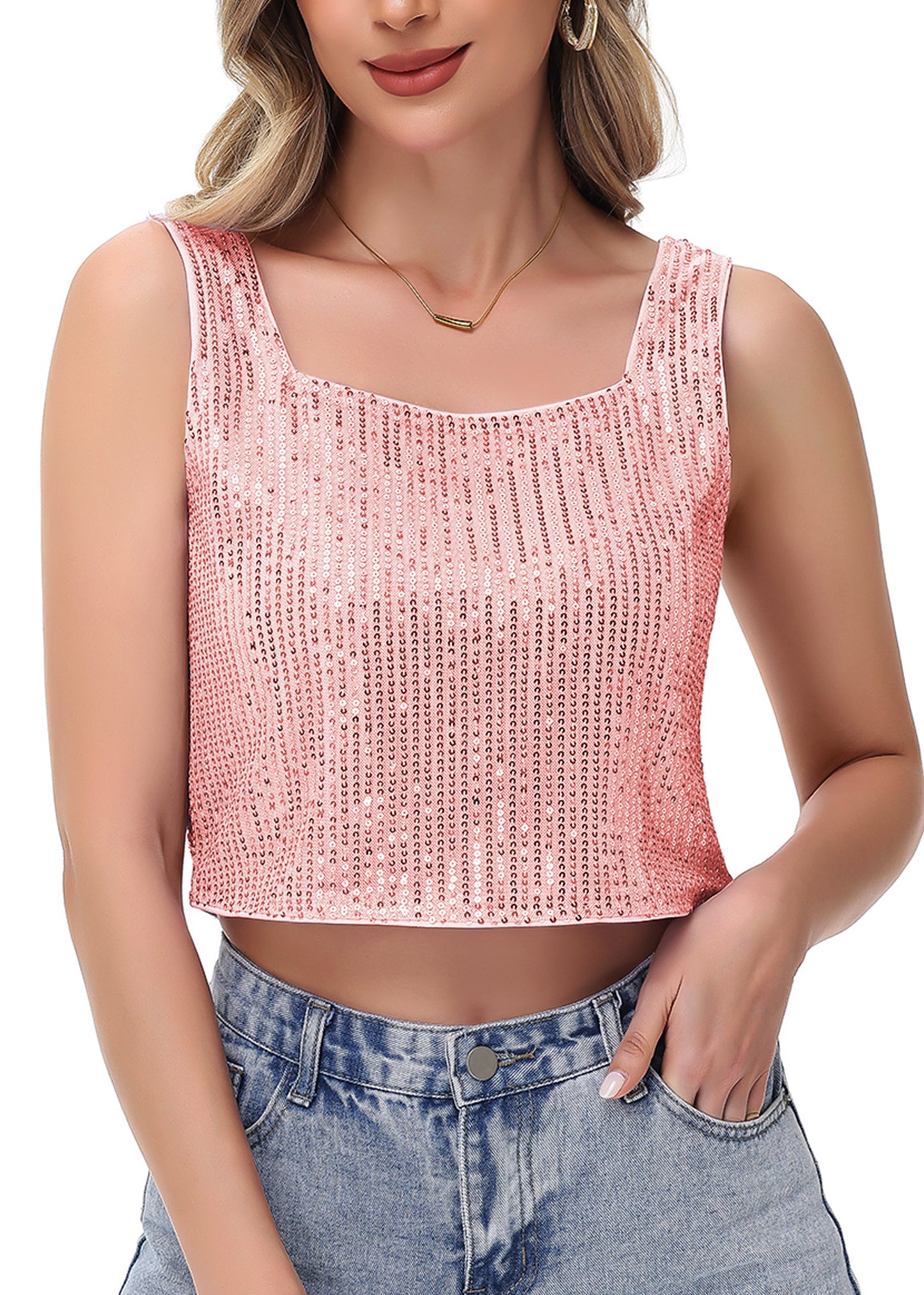 Anna-Kaci Women's Sequin Cropped Tank Top with Wide Straps Square Neckline for Festivals, Parties, Night Out