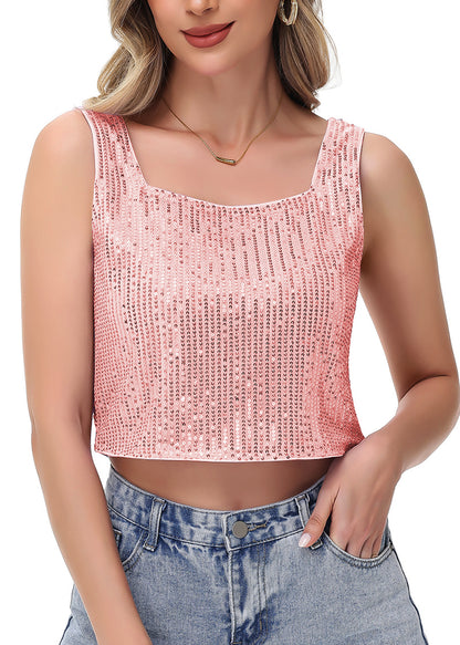 Anna-Kaci Women's Sequin Cropped Tank Top with Wide Straps Square Neckline for Festivals, Parties, Night Out