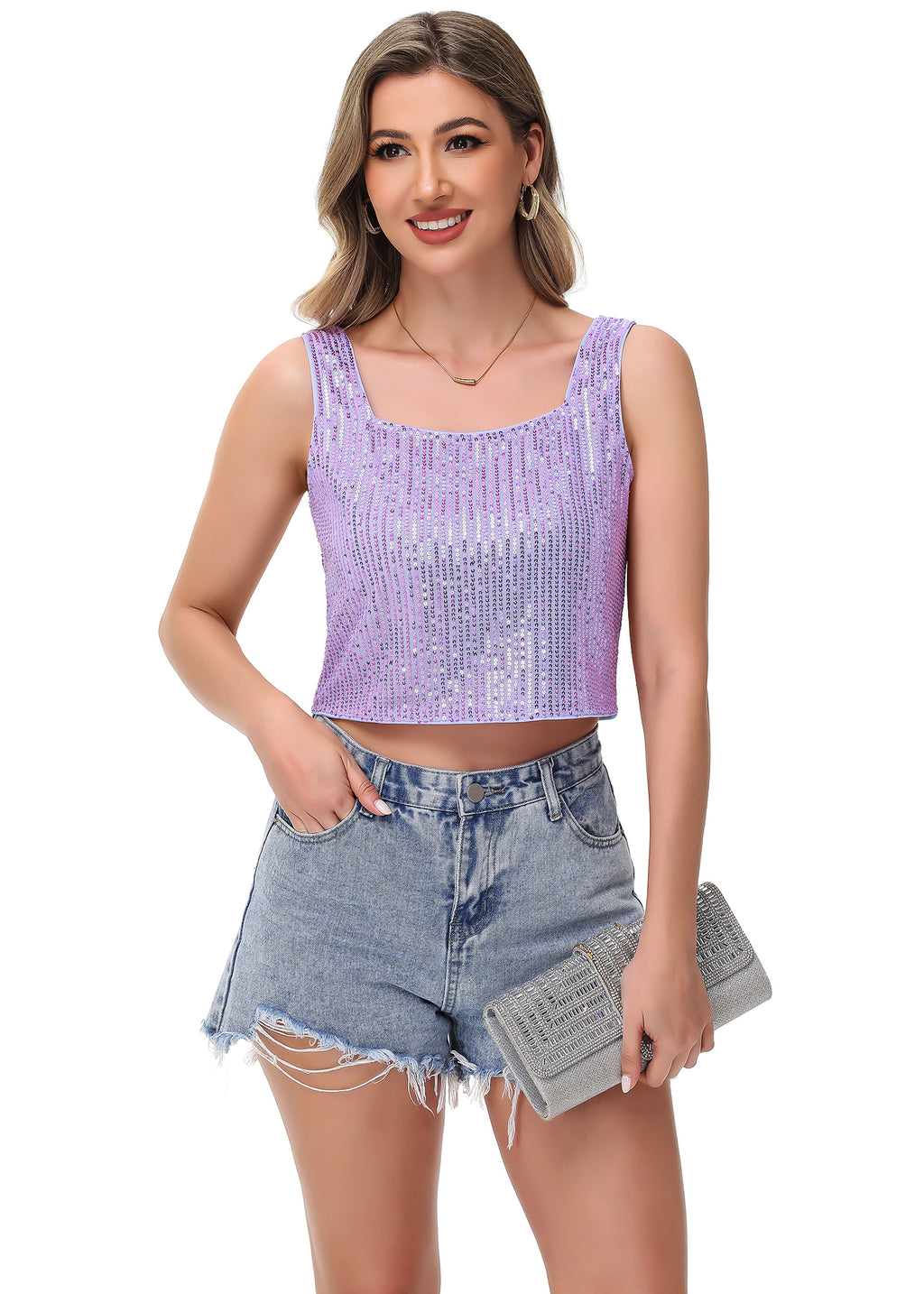 Anna-Kaci Women's Sequin Cropped Tank Top with Wide Straps Square Neckline for Festivals, Parties, Night Out