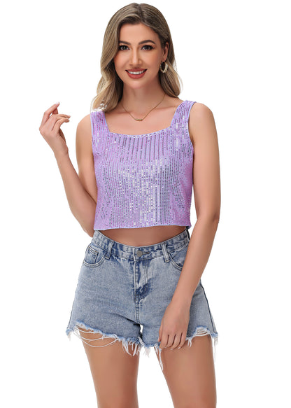Anna-Kaci Women's Sequin Cropped Tank Top with Wide Straps Square Neckline for Festivals, Parties, Night Out