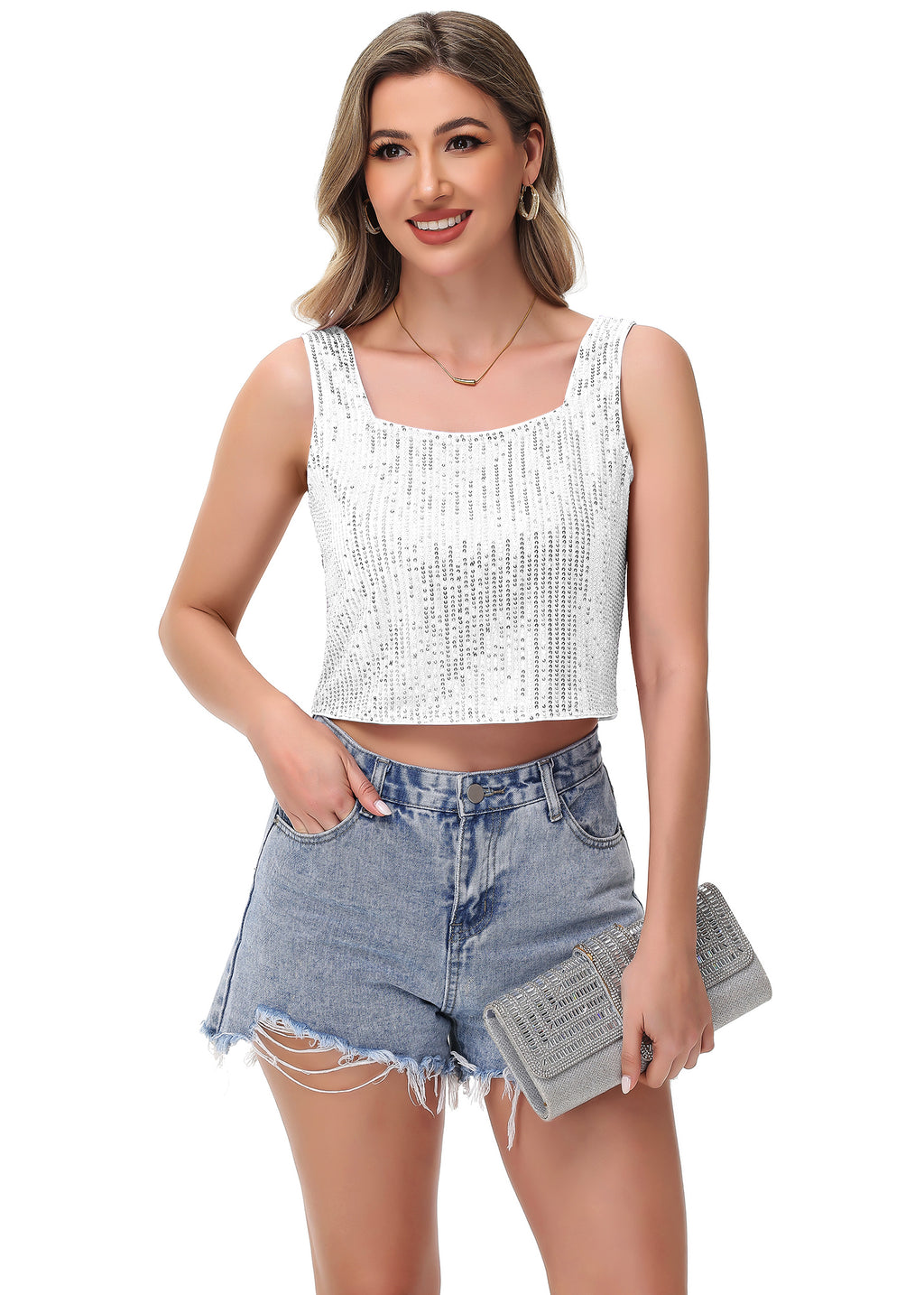 Anna-Kaci Women's Sequin Cropped Tank Top with Wide Straps Square Neckline for Festivals, Parties, Night Out