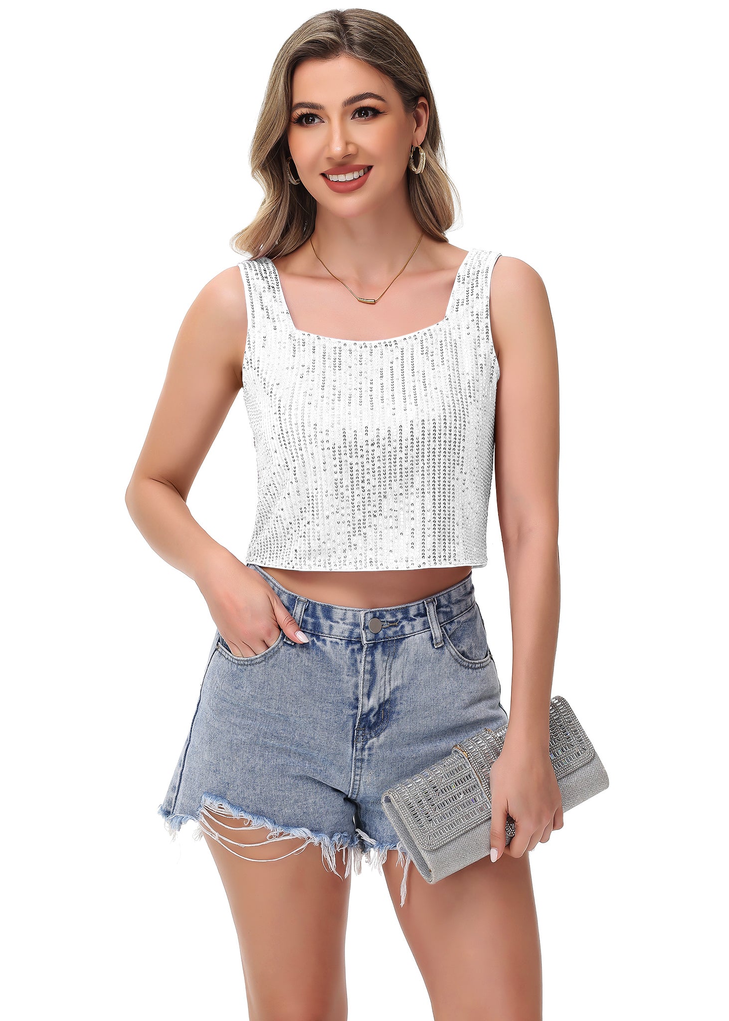 Anna-Kaci Women's Sequin Cropped Tank Top with Wide Straps Square Neckline for Festivals, Parties, Night Out