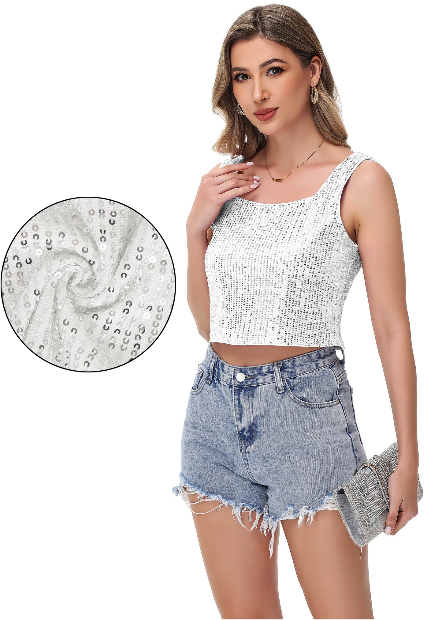 Anna-Kaci Women's Sequin Cropped Tank Top with Wide Straps Square Neckline for Festivals, Parties, Night Out