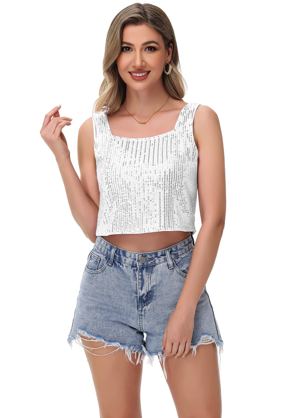 Anna-Kaci Women's Sequin Cropped Tank Top with Wide Straps Square Neckline for Festivals, Parties, Night Out