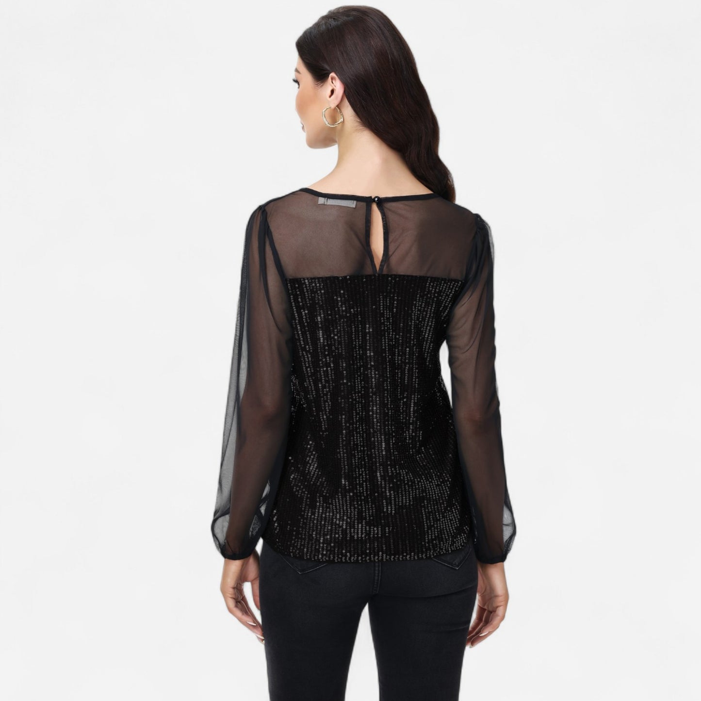 Anna-Kaci Women's Sheer Mesh Long Sleeve Top with Sequin Front Panel and Crew Neckline